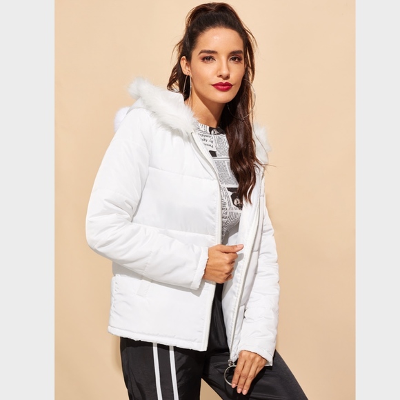 White Hooded Zip Up Puffer Jacket Vegan Fur - Picture 4 of 6